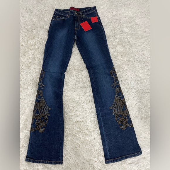 SOLID JEANS True Y2K Vintage Mid Rise Flare Stretch Denim Jeans Embroidered 1 - Picture 5 of 13